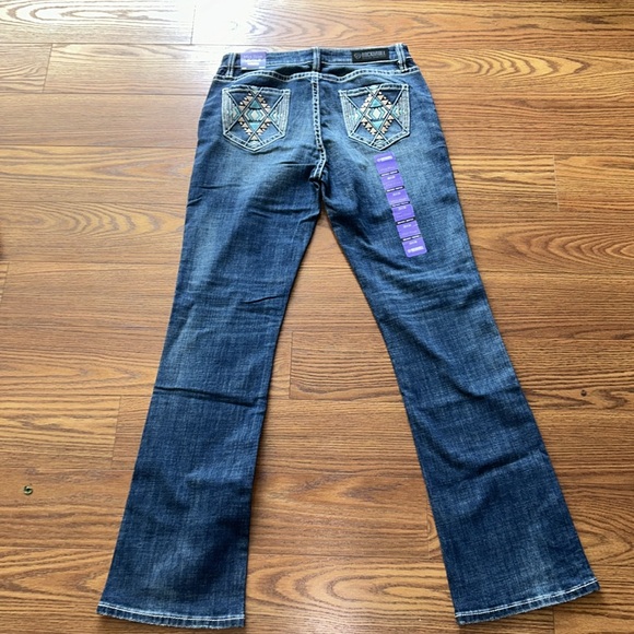 ROCK&ROLL DENIM MID RISE STRETCH AZTEC LEATHER EMBROIDERED BOOTCUT JEANS -28x34 - Picture 8 of 12